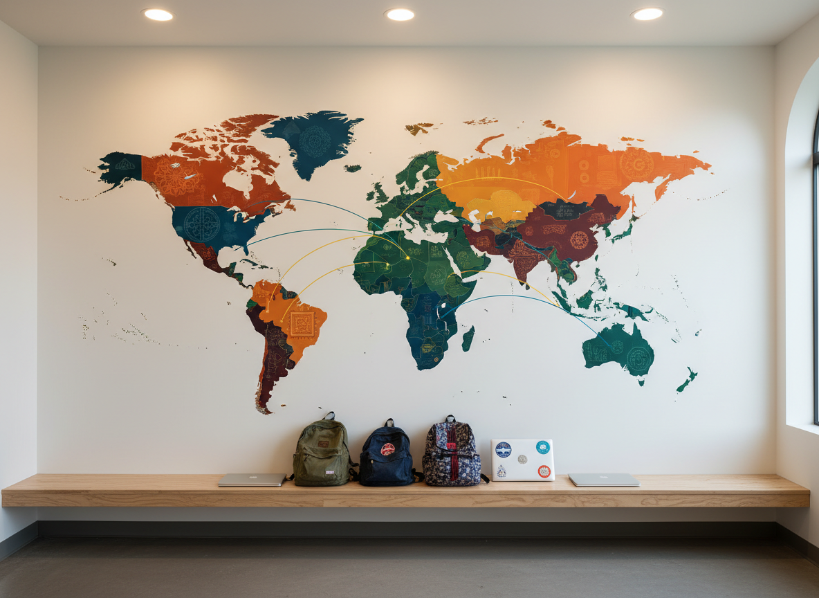 A world map mural in a school corridor, rendered in rich, saturated colors on a smooth white wall, serving as a visual centerpiece for intercultural learning. The continents are stylized with subtle patterns suggesting different cultures, and thin luminous lines arc between major regions to symbolize digital connection. Below, a simple bench made from pale birch wood holds a few well-used backpacks and closed laptops, suggesting an international student body without showing any individuals. Overhead, recessed ceiling lights cast even, soft illumination, while a nearby window adds a gentle natural glow. Photographic realism, shot straight-on with symmetrical composition, creating a calm, aspirational atmosphere of global community.
