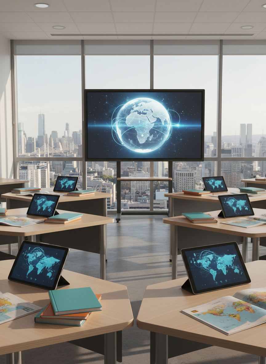 A bright, contemporary classroom scene without any people, designed for an international school campus. Sleek light-wood desks are arranged in collaborative clusters, each topped with colorful notebooks, open world atlases, and a few digital tablets showing abstract maps and connection lines. At the front, a large interactive screen displays a stylized glowing globe with subtle network paths linking continents. Floor-to-ceiling windows reveal a distant modern city skyline, suggesting global connectivity. Soft afternoon daylight fills the room, creating gentle reflections on the tablets and a calm, focused atmosphere. Photographic realism, shot at eye level with sharp focus throughout and a clean, professional aesthetic that feels welcoming and globally minded.