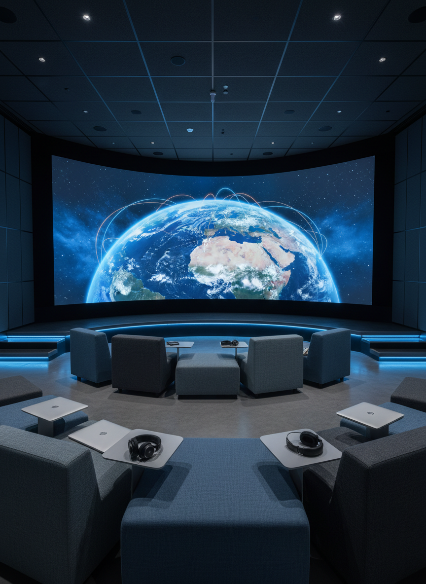 A serene, high-tech media room in an international school’s learning center, completely unoccupied. A large curved screen dominates the darkened space, displaying a vivid, photorealistic view of Earth from space with an overlay of gently pulsing connection lines between continents. In front, low modular seating in muted blues and grays forms a semicircle, with a few closed laptops and headphones resting neatly on small side tables. Subtle LED accent lighting lines the floor and steps, while the screen itself casts a cool, focused glow that softly illuminates fabric textures and surfaces. Photographic realism, wide-angle composition emphasizing depth and immersion, conveying a contemplative yet forward-looking atmosphere of global digital exchange.