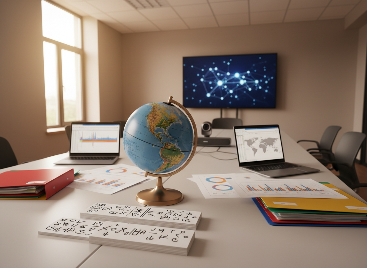 An international project planning scene on a large, matte white table in a quiet school meeting room, with no people present. Laptops, printed charts, and colorful folders are neatly arranged around a central, high-quality terrestrial globe with a satin finish, tilted to show multiple continents at once. Between them lies a stack of index cards covered in abstract symbols instead of readable text, representing multilingual collaboration. A slim video-conference camera and speaker bar sit at the far end, aimed toward a wall-mounted display showing a softly glowing, abstract network diagram. Warm, indirect ceiling lights and soft daylight from a side window create an inviting, productive mood. Photographic realism, shot from a three-quarter overhead angle with shallow depth of field that emphasizes the central globe.