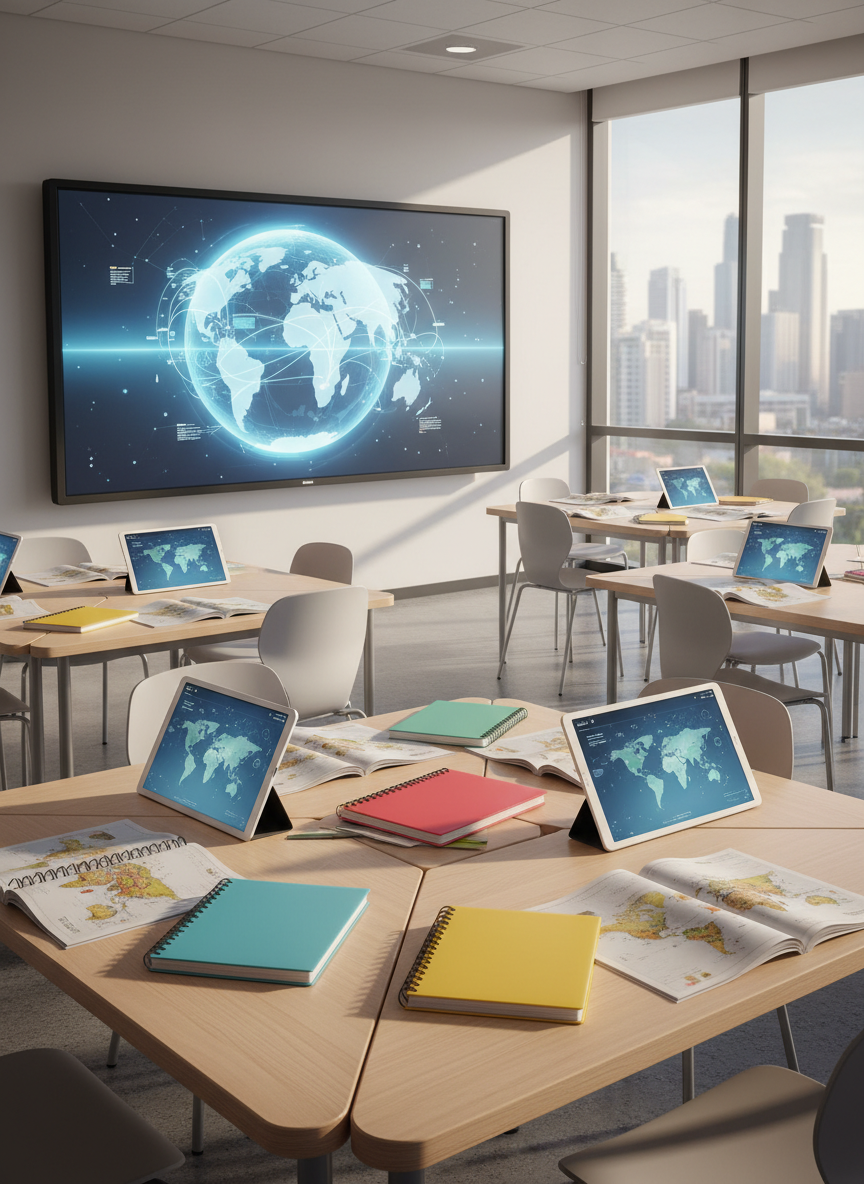 A bright, contemporary classroom scene without any people, designed for an international school campus. Sleek light-wood desks are arranged in collaborative clusters, each topped with colorful notebooks, open world atlases, and a few digital tablets showing abstract maps and connection lines. At the front, a large interactive screen displays a stylized glowing globe with subtle network paths linking continents. Floor-to-ceiling windows reveal a distant modern city skyline, suggesting global connectivity. Soft afternoon daylight fills the room, creating gentle reflections on the tablets and a calm, focused atmosphere. Photographic realism, shot at eye level with sharp focus throughout and a clean, professional aesthetic that feels welcoming and globally minded.