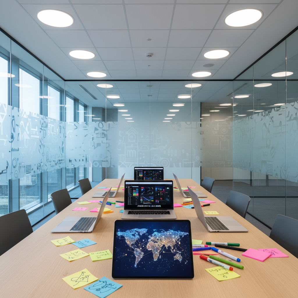 A modern teacher workspace in an international school hub, completely empty of people yet full of signs of collaboration. A long, light oak table holds several open laptops with abstract dashboards, scattered multilingual sticky notes without readable text, colorful markers, and a shared digital tablet showing a stylized world map made of glowing dots. Glass walls surround the room, with frosted geometric patterns hinting at different cultures and continents. Soft, diffused overhead lighting combines with cool daylight from side windows, creating a bright, professional mood. Captured from a slightly elevated angle with balanced composition and photographic realism, the image conveys structured, ongoing exchange between educators across borders.
