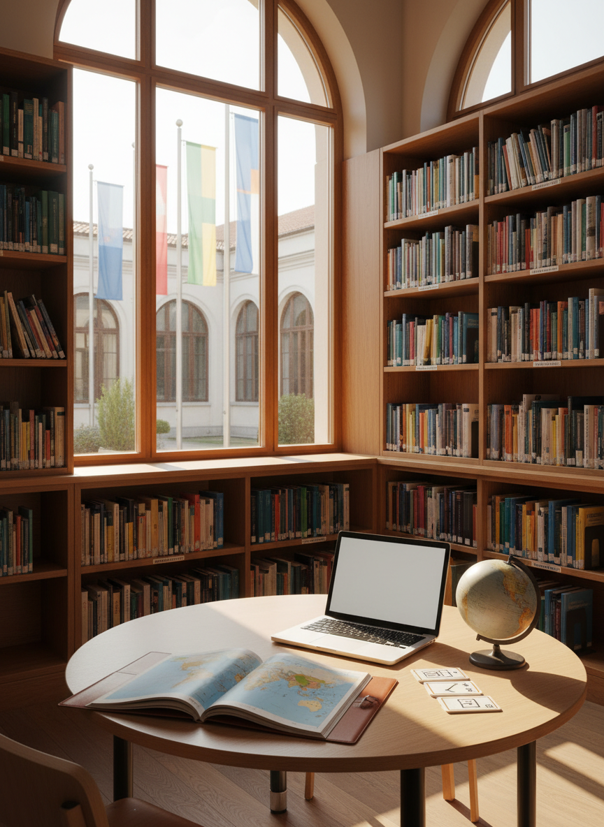 A sunlit international school library corner, quiet and free of people, designed for reflective intercultural learning. Tall shelves of neatly arranged books in many colors form a backdrop, with visible but unreadable spine titles to avoid specific languages. In the foreground, a round table holds an open atlas, a closed slim laptop, a stack of language-learning flashcards with only symbols, and a small globe with a matte texture. Large windows frame an exterior courtyard with flags represented only as soft color blocks, hinting at many nations. Warm morning light streams in, creating gentle shadows and a calm, welcoming atmosphere. Photographic realism, eye-level composition with moderate depth of field, highlighting the objects as symbols of global education and exchange.